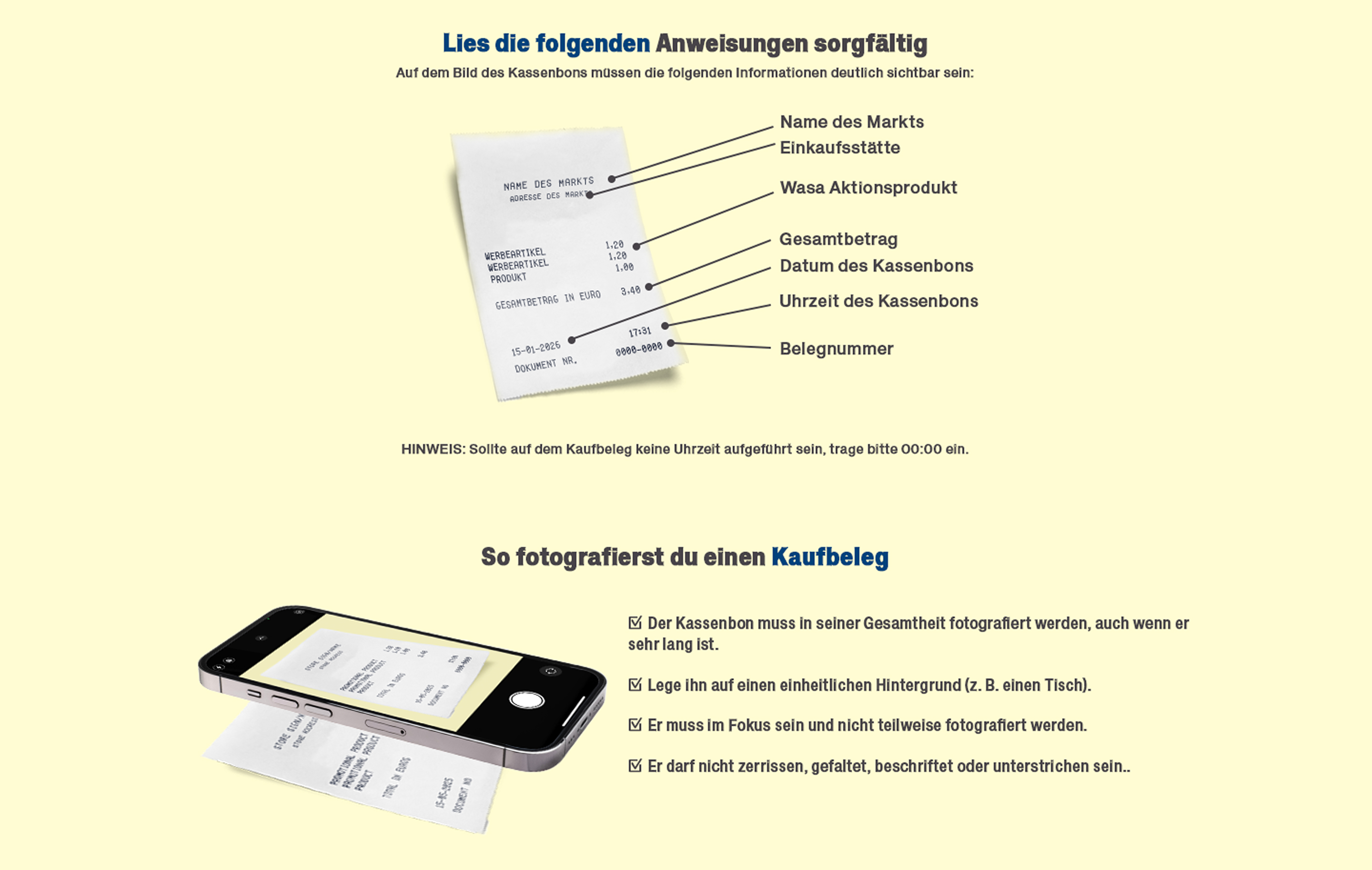 Anweisungen zum Fotografieren des Kassenbons